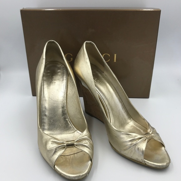 Gucci Shoes - Gucci Corked Wedges Gold Nappa Silk  Peep Toe